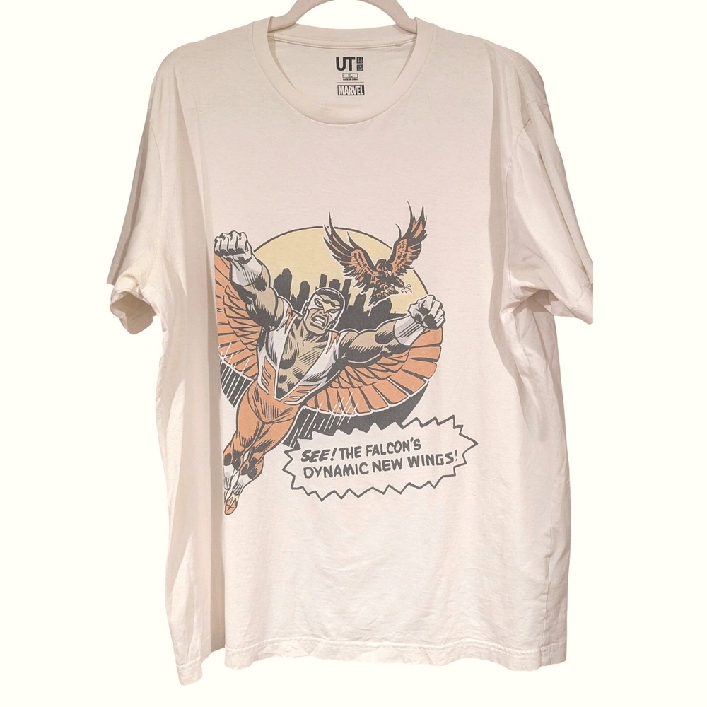 Uniqlo UT Marvel The Falcon Graphic Tee XL Cream Retro Comic Superhero Shirt‎